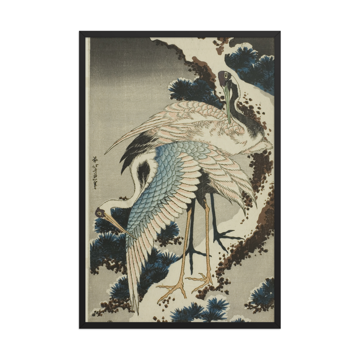 Katsushika Hokusai, Cranes on snow covered pine, 1834, Framed